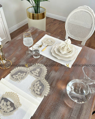 Nida Design Table Runner, Placemat, and Napkin Sets - 37 Pieces - Off White Fabric and Gold Lace