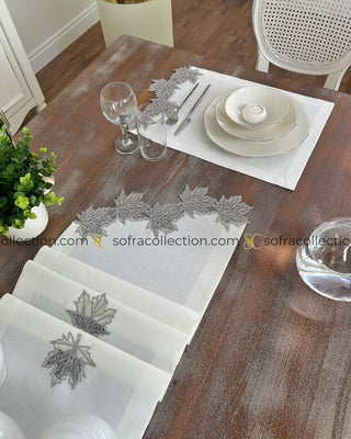 Autumn Design Table Runner and Placemat Sets - 13 Pieces - Off White Fabric and Silver Lace