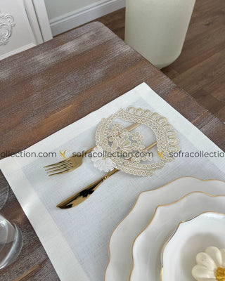 Nida Design Table Runner and Placemat Sets - 13 Pieces - Off White Fabric and Gold Lace