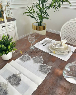 Valent Design Table Runner, Placemat, and Napkin Sets - 37 Pieces - Off White Fabric and Silver Lace