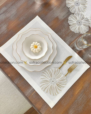 Delina Design Table Runner and Placemat Sets - 13 Pieces - Off White Fabric and Gold Lace