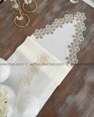 Fonya Design Table Runner and Placemat Sets - 13 Pieces - Off White Fabric and Gold Lace