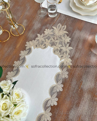 Dina Design Table Runner, Placemat, and Napkin Sets - 37 Pieces - Off White Fabric and Gold Lace