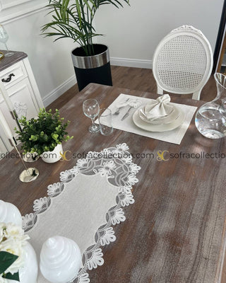 Sofia Design Table Runner, Placemat, and Napkin Sets - 37 Pieces - Shine Stone Fabric and Off White Lace