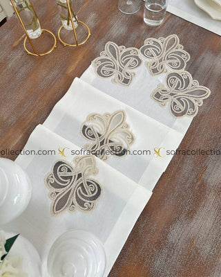 Viento Design Table Runner and Placemat Sets - 13 Pieces - Off White Fabric and Gold Lace