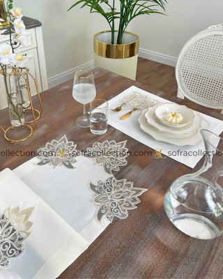 Anka Design Table Runner and Placemat Sets - 13 Pieces - Off White Fabric and Gold Lace