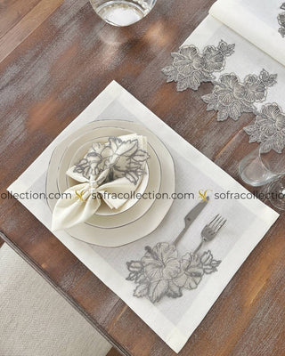 Zoya Design Table Runner, Placemat, and Napkin Sets - 37 Pieces - Off White Fabric and Silver Lace