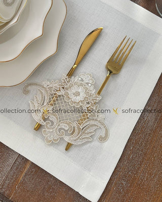 Victoria Design Table Runner and Placemat Sets - 13 Pieces - Off White Fabric and Gold Lace