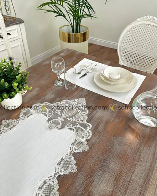 Safir Design Table Runner and Placemat Sets - 13 Pieces - Off White Fabric and Silver Lace