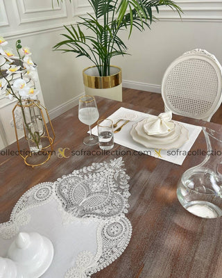 Salkim Design Table Runner, Placemat, and Napkin Sets - 37 Pieces - Off White Fabric and Lace