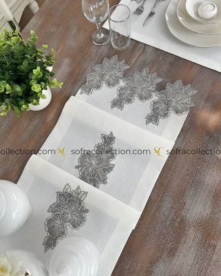 Zoya Design Table Runner and Placemat Sets - 13 Pieces - Off White Fabric and Silver Lace