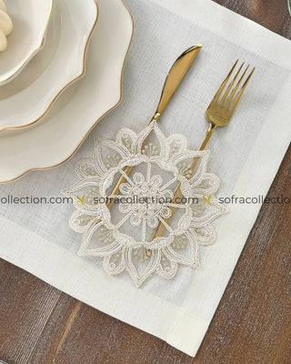 Gunes Design Table Runner and Placemat Sets - 13 Pieces - Off White Fabric and Gold Lace