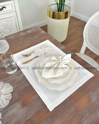 Delina Design Table Runner, Placemat, and Napkin Sets - 37 Pieces - Off White Fabric and Gold Lace