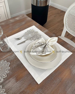 Shahmaran Design Table Runner, Placemat, and Napkin Sets - 37 Pieces - Off White Fabric and Silver Lace