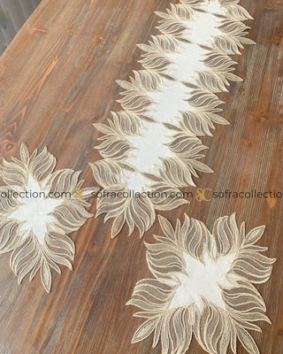 Lotus Design Decorative Cover Sets - 5 Pieces - Off White Fabric and Brown Lace