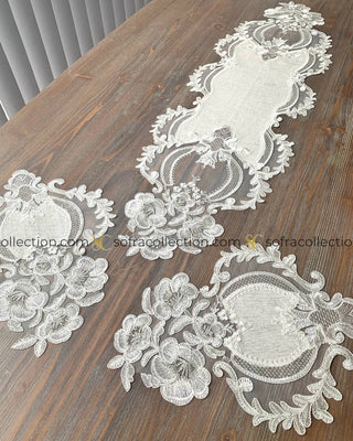 Zahira Design Decorative Cover Sets - 5 Pieces - Stone Fabric and Silver Lace