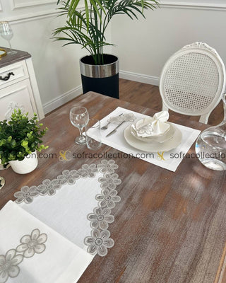 Fonya Design Table Runner, Placemat, and Napkin Sets - 37 Pieces - Off White Fabric and Silver Lace