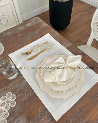 Fonya Design Table Runner, Placemat, and Napkin Sets - 37 Pieces - Off White Fabric and Gold Lace