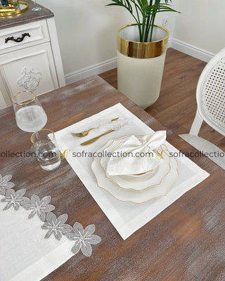 Zenya Design Table Runner, Placemat, and Napkin Sets - 37 Pieces - Off White Fabric and Lace