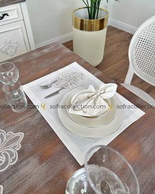 Viento Design Table Runner, Placemat, and Napkin Sets - 37 Pieces - Off White Fabric and Cream Lace