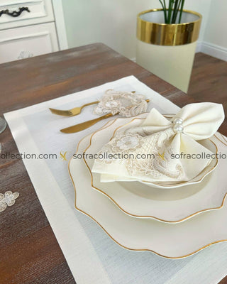 Victoria Design Table Runner, Placemat, and Napkin Sets - 37 Pieces - Off White Fabric and Gold Lace