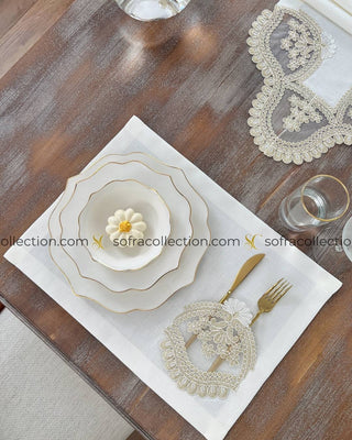 Nida Design Table Runner and Placemat Sets - 13 Pieces - Off White Fabric and Gold Lace