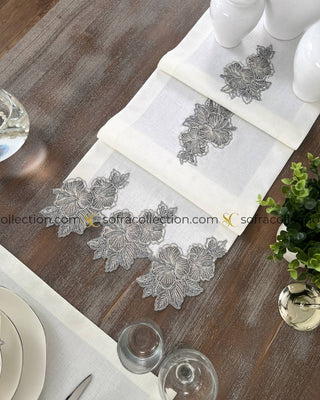 Zoya Design Table Runner and Placemat Sets - 13 Pieces - Off White Fabric and Silver Lace