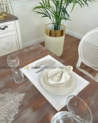 Salkim Design Table Runner, Placemat, and Napkin Sets - 37 Pieces - Off White Fabric and Platinum Lace