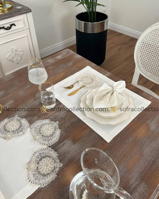 Helen Design Table Runner, Placemat, and Napkin Sets - 37 Pieces - Off White Fabric and Gold Lace