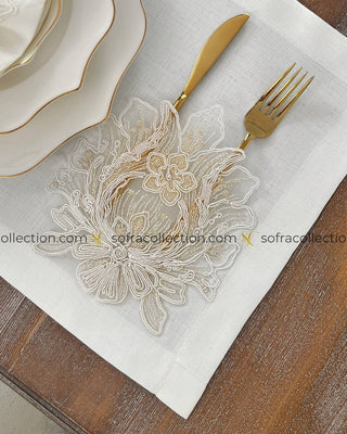 Taj Mahal Design Table Runner and Placemat Sets - 13 Pieces - Off White Fabric and Gold Lace