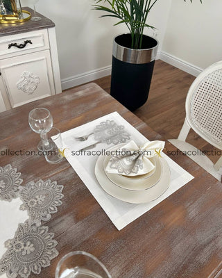 Shahmaran Design Table Runner, Placemat, and Napkin Sets - 37 Pieces - Off White Fabric and Silver Lace