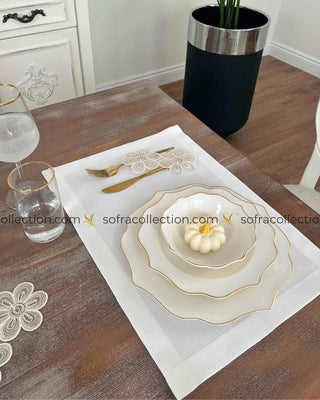 Fonya Design Table Runner and Placemat Sets - 13 Pieces - Off White Fabric and Gold Lace