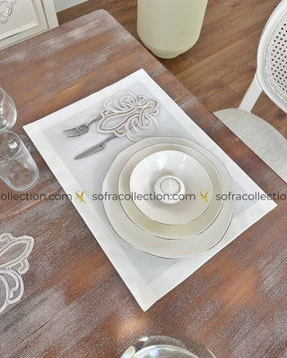 Viento Design Table Runner and Placemat Sets - 13 Pieces - Off White Fabric and Cream Lace