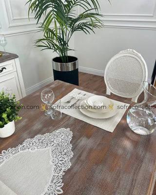 Mona Design Table Runner and Placemat Sets - 13 Pieces - Shine Stone Fabric and Off White Lace