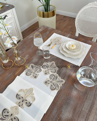 Viento Design Table Runner and Placemat Sets - 13 Pieces - Off White Fabric and Gold Lace