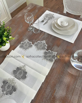 Valent Design Table Runner and Placemat Sets - 13 Pieces - Off White Fabric and Silver Lace