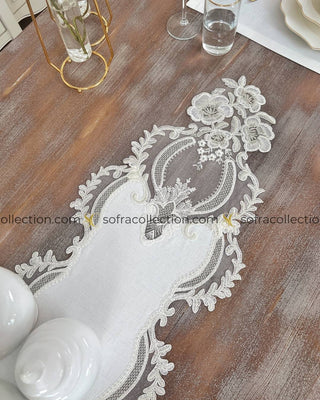 Zahira Design Table Runner, Placemat, and Napkin Sets - 37 Pieces - Off White Fabric and Silver Lace