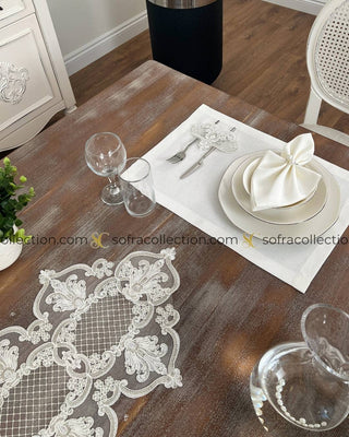 Garden Design Table Runner, Placemat, and Napkin Sets - 37 Pieces - Off White Fabric and Silver Lace