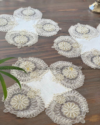 Helen Design Decorative Cover Sets - 5 Pieces - Off White Fabric and Gold Lace