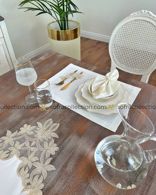 Dina Design Table Runner, Placemat, and Napkin Sets - 37 Pieces - Off White Fabric and Gold Lace