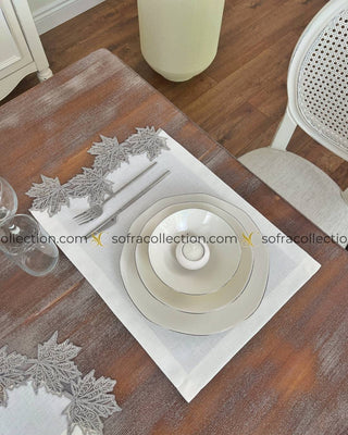 Autumn Design Table Runner and Placemat Sets - 13 Pieces - Off White Fabric and Silver Lace