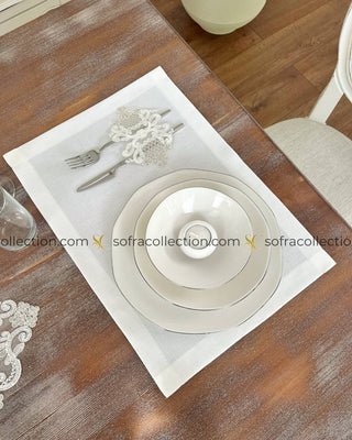 Safir Design Table Runner and Placemat Sets - 13 Pieces - Off White Fabric and Silver Lace