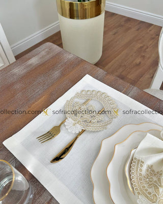 Nida Design Table Runner, Placemat, and Napkin Sets - 37 Pieces - Off White Fabric and Gold Lace