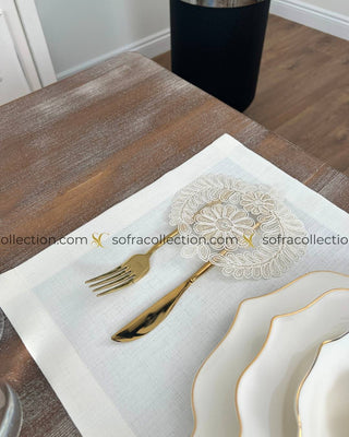 Helen Design Table Runner and Placemat Sets - 13 Pieces - Off White Fabric and Gold Lace