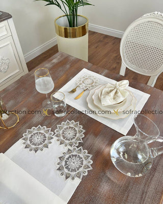 Gunes Design Table Runner, Placemat, and Napkin Sets - 37 Pieces - Off White Fabric and Gold Lace