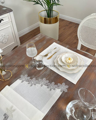 Zenya Design Table Runner and Placemat Sets - 13 Pieces - Off White Fabric and Lace