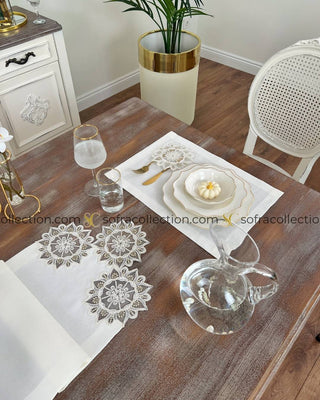 Gunes Design Table Runner and Placemat Sets - 13 Pieces - Off White Fabric and Gold Lace