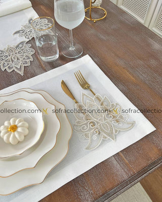 Anka Design Table Runner and Placemat Sets - 13 Pieces - Off White Fabric and Gold Lace