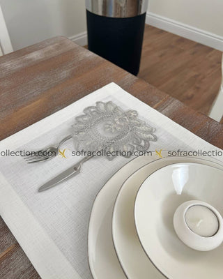 Shahmaran Design Table Runner and Placemat Sets - 13 Pieces - Off White Fabric and Silver Lace