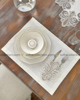 Viento Design Table Runner and Placemat Sets - 13 Pieces - Off White Fabric and Cream Lace